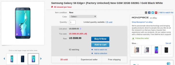 Fotografía - [Trato Alerta] desbloqueado 32GB Samsung Galaxy S6 Edge + (G928G) Down To $ 600 en eBay